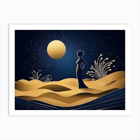 Woman Body Silhouette Standing On Golden Dunes 5 Art Print