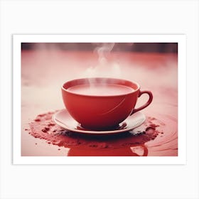 A Steaming Red Cup Of Coffee Sits On A Red Saucer, On A Surface With Red Ripples, Surrounded By Red Mist Art Print