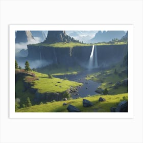 Mountain Landscape With A Waterfall Art Print