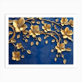 Elegant Gold And Royal Blue Floral Tree With Seamless Leaves And Flowers Hanging Branches Illustration Art Print