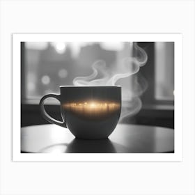 A White Mug With Steam Rising From It, Sitting On A Table In Front Of A Window With A Blurred View Of A Cityscape At Night Art Print