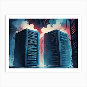 Two Server Racks In A Server Room With Red And Blue Glowing Lights And Smoke Art Print