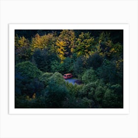 Lonely Red Campervan In The Trees Art Print