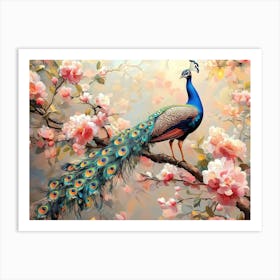 Peacock On Branch With Colorful Flowers 3d 2 Art Print