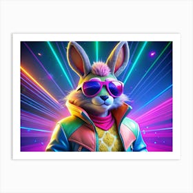 Cool Bunny In Sunglasses And Leather Jacket With Neon Lights Art Print