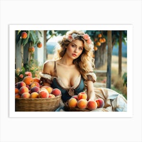 Beautiful And Alluring Victorian Era Blonde In Low Cut Dress With A Basket of Peaches Art Print