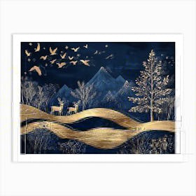 Dark Blue from The Contemporary Era Christmas Tree, Mountain, Deer, Birds and Waves of Gold Art Print