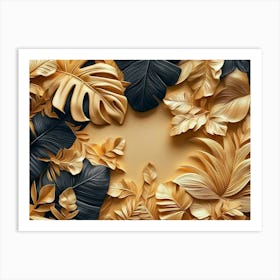 3d Tropical Leaves Art Background Golden Artwork Art Print