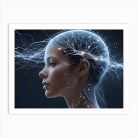 A 3d Rendering Of A Woman S Head With A Stylized, Glowing Brain Art Print