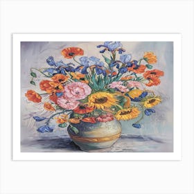 Flowers In A Vase, irises,-poppies,-pink-flowers,-and-sunflowers, Inspired Vincent Van Gogh Art Print