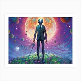 Man wearing a suit stands on a vibrant alien planet Art Print