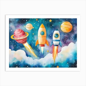 3d Children Watercolor Space Adventure Art Print