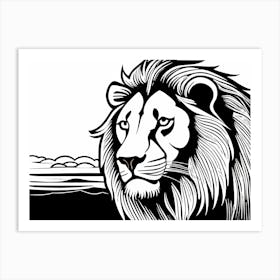 Lion Linocut Sketch Black And White art, animal art, 145 Art Print