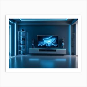 A Modern Living Room Interior With A Blue Sofa, A Tv, A Plant, A Bookshelf, And Blue Accent Lighting Art Print