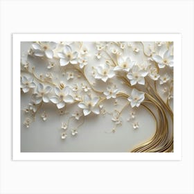 Background Of A Flowery Tree In 3d With White Flowers And Golden Stems 1 Art Print