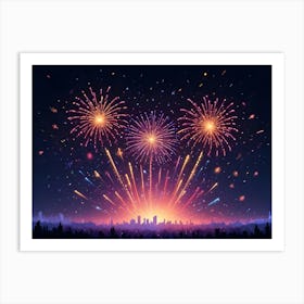 Abstract Image Of Fireworks Exploding Over A Cityscape Silhouette At Night Art Print