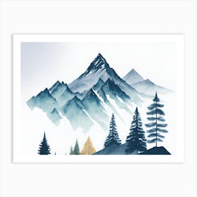Mountain And Forest In Minimalist Watercolor Horizontal Composition 32 Art Print