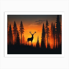 Deer Silhouette At Sunset Art Print