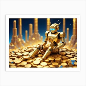 A Golden Robot Sitting On A Pile Of Gold Coins, Representing Wealth, Technology, And The Future Art Print