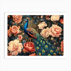 Seamless Floral Leather And Peacock Art Print