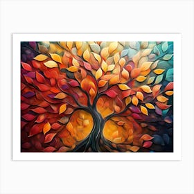 3d Abstraction Art A Tree Surrounded By Many Colorful Leaves Art Print