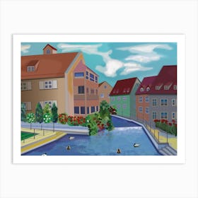 Landscape With Houses On The River Canal In The Town Of Memmingen In Germany Art Print