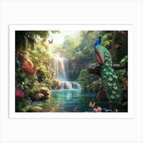 Beautiful Nature Scenery Travel Lovely Place Background with Tropical Leaves, Flowers Forest Trees, Park, Waterfall Art Print