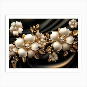 3d Illustration Background with Golden Jewelry and Flowers 1 Art Print