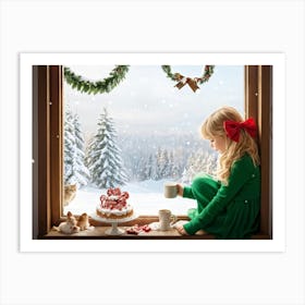 Blonde Girl Sporting A Red Bow Tied To Her Hair Dressed In Emerald Green Gazing Out A Window At A Art Print