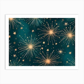 Abstract Background With Stylized Fireworks In Gold Against A Dark Green Background With Scattered Gold Stars 1 Art Print