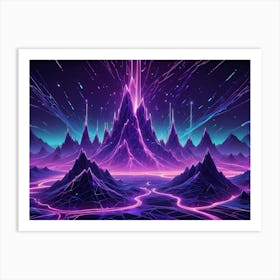 A Neon Lit, Futuristic Mountain Range Stretches Across A Dark, Starry Sky, Glowing With Purple And Blue Hues Art Print