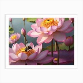 Bee On Pink Lotus Art Print