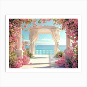 Artistic Depiction Of Stunning Seascapes Featuring A White Gazebo Surrounded By Pink Flowers And Beige Art Print