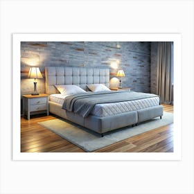 Bedroom Interior With Grey Bed, Brick Wall, And Wooden Flooring Art Print