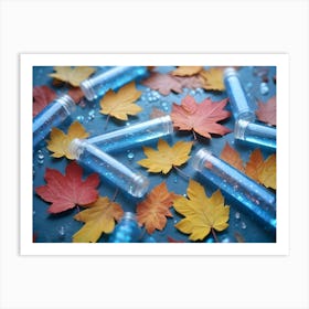 Autumn Leaves And Test Tubes With Blue Liquid Scattered On A Blue Surface Art Print