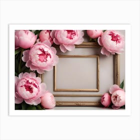 A Photo Of Pink Peonies Surrounding A Golden Frame With A White Background Art Print