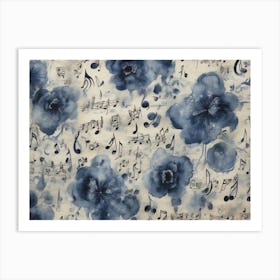 Blue Flowers With Music Notes Art Print