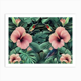 Tropical Background With Exotic Flowers, Birds, Banana Leaves, Palm, Protea, Hibiscus, Hummingbirds 1 Art Print