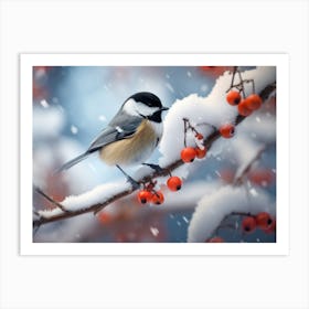 Chickadee in the snowfall Art Print