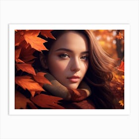 Girl Treading On Autumn Leaves In Fall Art Print