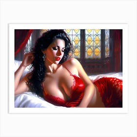 Beautiful Brunette in Red Awakens Boudoir Art Art Print