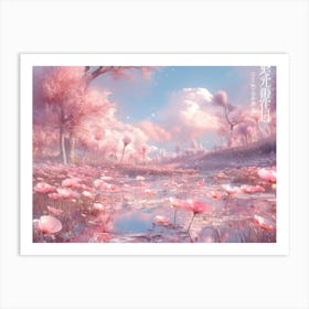 Sea Of Peach Blossoms, Lush Pink Flowers，With A Pink Lake,, In The Style Of Daz3d, Psychedelic Landscapes, Light Pink, 32k Uhd, Wimmelbilder, Fictional Landscapes, Fairytale Inspired Poster