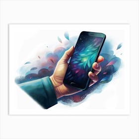 Hand Holding A Smartphone With A Colorful Nebula On The Screen Art Print