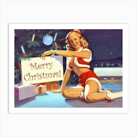 Pinup Sexy Girl In Red Costume Wishes You A Merry Christmas Art Print