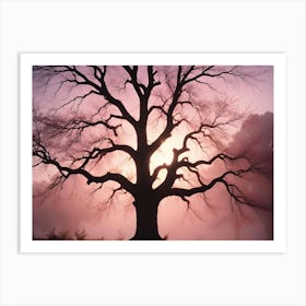 Silhouette Of A Large Leafless Tree With Branches Reaching Towards The Sky Against A Pink Sunrise Background Art Print