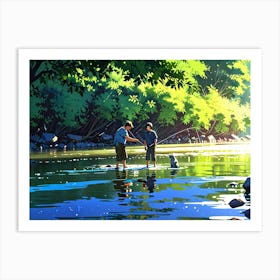 Two Boys Fishing In A River Art Print