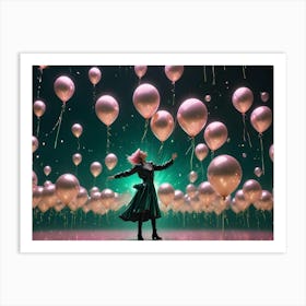 A Woman With Pink Hair Stands In A Field Of Pink Balloons Against A Green Background Art Print