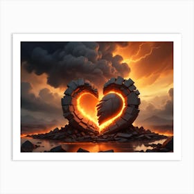 A Dramatic Scene Of A Broken Stone Heart Engulfed In Flames Art Print