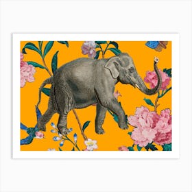 Elephant Floral Twist Vintage Illustration Yellow Art Print
