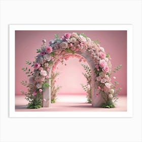 Floral Archway With Pink Roses And Lilac Flowers On A Pink Background Art Print